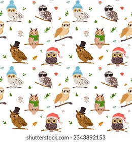 Funny owls with hat, scarf or sunglasses are sitting on tree branch. Vector seamless pattern on floral background. Hand drawn cute wild forest various birds. Smart predator with bulging eyes