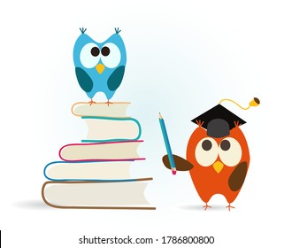 funny owls illustration on education and graduation themes, standing on books and other with cap and pencil. cute owl characters as mascot for school and lessons 