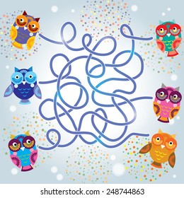 funny owls labyrinth game for Preschool Children. vector