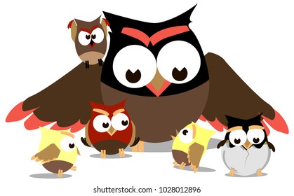 Funny owls, mom and little chicks around her, vector
