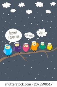 Funny owls on a branch. Comics style.Christmas illustration. For poster, greeting card, invitation, print, illustration, banner. Simple vector illustration. Pre-made template. 