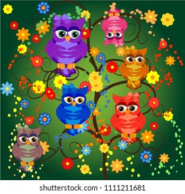 Funny owls on branch in flowers. Spring concept background. Bright illustration, can be used as invitation card. Vector summer wallpaper