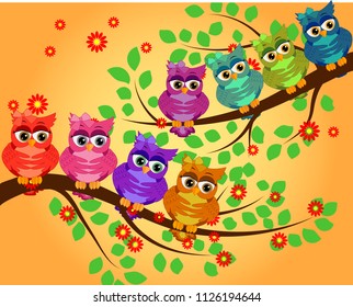 Funny owls on branch in flowers. Spring concept background. Bright illustration, can be used as invitation card. Vector summer wallpaper