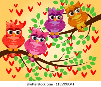Funny owls on branch in flowers. Spring concept background. Bright illustration, can be used as invitation card. Vector summer wallpaper