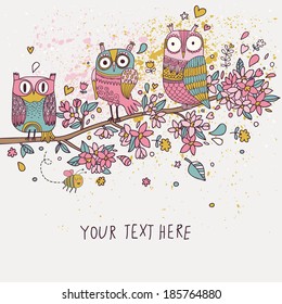 Funny owls on branch in flowers. Spring concept background. Bright illustration, can be used as invitation card. Vector summer wallpaper