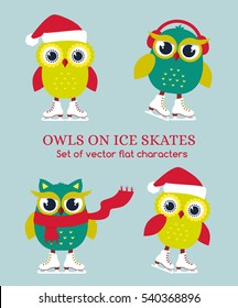 Funny owls on ice skates. Set of cute characters isolated on  plain background. Vector illustration.