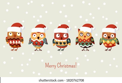 Funny owls in a Santa hat greet Christmas. Cute Christmas birds postcard or congratulation. Vector illustration in cartoon style
