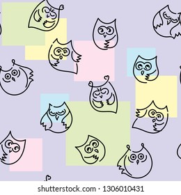 Funny owls. Seamless hand-drawn pattern, vector illustration 