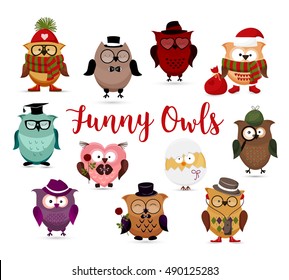 Funny owls set. Cute cartoon owls fashion costume outfits. Santa,hipster ,gentleman, scientific  and other amusing owls characters isolated on white background. Retro carton style vector illustration