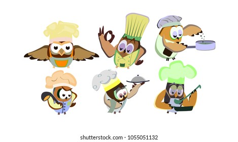 Funny owls, set on a chef theme, on an isolated background