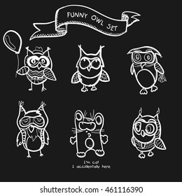 Funny owls simple hand drawn cartoon vector set