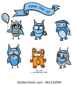 Funny owls simple hand drawn cartoon vector set