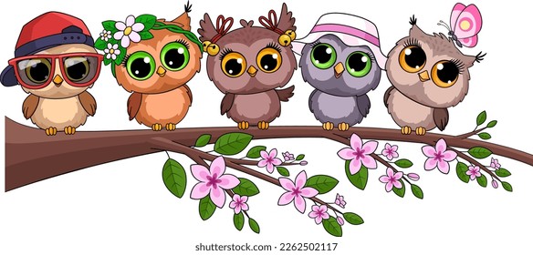 Funny owls sit on tree branch. Cartoon animals