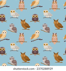 Funny owls are sitting on tree branch. Vector seamless pattern on blue background. Hand drawn cute wild forest various birds. Smart predator with bulging eyes