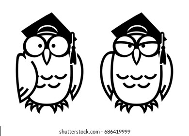 Funny owls in square academic caps, hand drawn vector illustration in comic style, isolated on white.