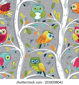 Funny owls and trees - Seamless pattern. Vector Loop pattern for fabric, textile, wallpaper, posters, gift wrapping paper, napkins, tablecloths. Print for kids, children. Children's pattern