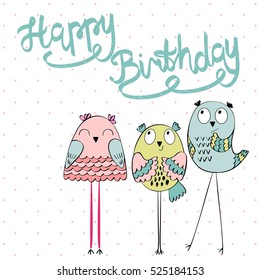 Funny owls in vector. Greeting card for birthday.