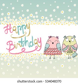 Funny owls in vector. Greeting card for birthday.