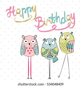 Funny owls in vector. Greeting card for birthday.