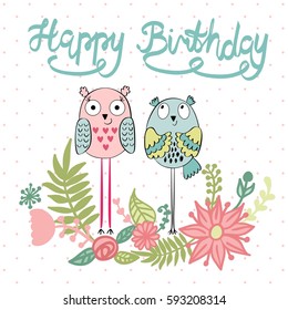 Funny owls in vector. Greeting card for birthday.
