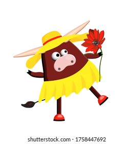 funny ox or bull character is cute. An animal with horns. Symbol of 2021. Cartoon cow in clothes. Bullock