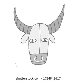 Funny ox head drawing. Bull with big horns and nose ring. Chinese horoscope sign. Cute wild cattle animal portrait isolated on white background. Design for print. Stock vector illustration.