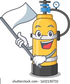 Funny oxygen cylinder cartoon character style holding a standing flag