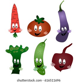 Funny painted vegetables, smiling and waving hands, funny and cheerful, vector image