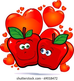 A funny pair of apples in love against a backdrop of red hearts, vector