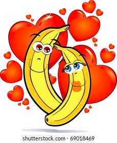 A funny pair of bananas in love against a backdrop of red hearts, vector