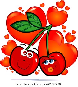 A funny pair of cherries in love against a backdrop of red hearts, vector