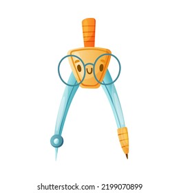 Funny Pair of Compasses as School Item with Smiling Face in Glasses as Cartoon Education Supply Vector Illustration