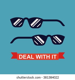 Funny pair of flat retro sunglasses on white background. Ideal as photo booth stick prop or humorous element for adding over person or character image. Cool Deal With It vector glasses isolated