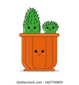 Funny pair of green cactuses in a brown pot isolated on white background. Fun cartoonish houseplants. Kawaii style vector illustration. Cute comic emoticons.