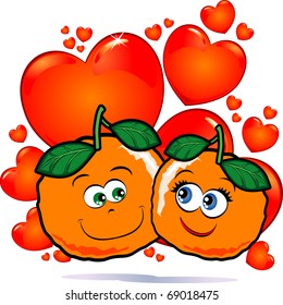 A funny pair of oranges in love against a backdrop of red hearts, vector