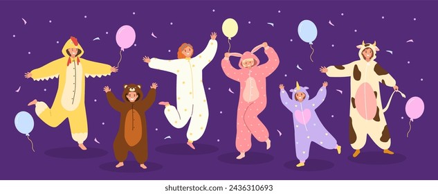 Funny pajama party. Festive celebration with people in animal onesies, kigurumi costumes night celebration with balloons and confetti vector illustration. Teenagers in nightwear having party svg
