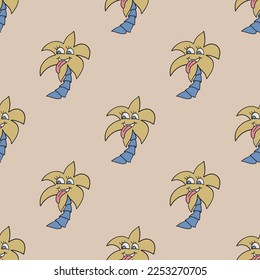 Funny palm tree with face vector seamless pattern. Cute repeat background for textile, design, fabric, cover etc.
