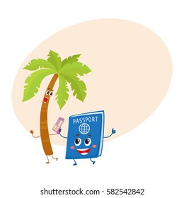 Funny palm tree and passport characters, travelling, summer vacation symbol, cartoon vector illustration with place for text.