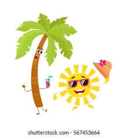 Funny palm tree and sun in sunglasses characters, travelling, summer vacation symbol, cartoon vector illustration isolated on white background. Palm tree and sun characters, mascots, holiday concept