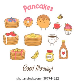 Funny pancakes illustration. Adorable vector food image. Cupcake, donut, banana, apple, bee, honey, maple syrup, tea, coffee...