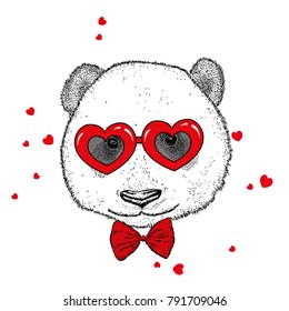 Funny panda in accessories with hearts. Vector illustration for a postcard or a poster, print for clothes. Valentine's Day, love and friendship.