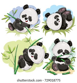 Funny panda bear baby playing on grass, climbing on bamboo stem, eating bamboo branch cartoon vectors set isolated on white background. Cute wild animal character for kids books illustrating, zoo ad