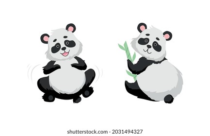 Funny Panda Bear with Black-and-white Coat and Rotund Body Sitting with Bamboo Vector Set
