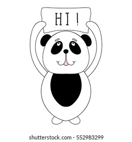 Funny panda bear cartoon with banner Hi, children animal illustration for book, t-shirt print, birthday invitations, brochures template for kids party, greeting card.