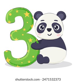 Funny panda bear cartoon character with number 3. Children third birthday postcard,  party invitation element.