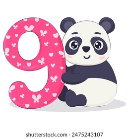 Funny panda bear character hold number nine. Kids ninth birthday celebration postcard, party invitation objects.