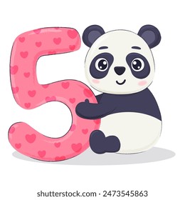 Funny panda bear character with a number 5. Child birthday postcard, party invitation elements