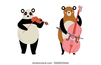 Funny Panda und Bären spielen Violine und Cello Performing Concert Vector Set