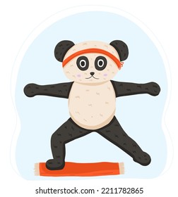 Funny panda bear doing exercise in cartoon style