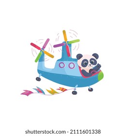 Funny panda bear flying in colorful childis airship, flat vector illustration isolated on white background. Cartoon animal character in dirigible balloon, great for nursery design.